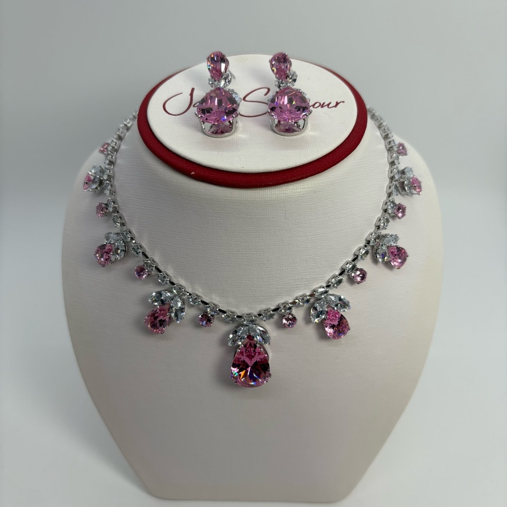 Pink And Clear Cubic Zirconia Statement Bib Necklace And Earrings Set